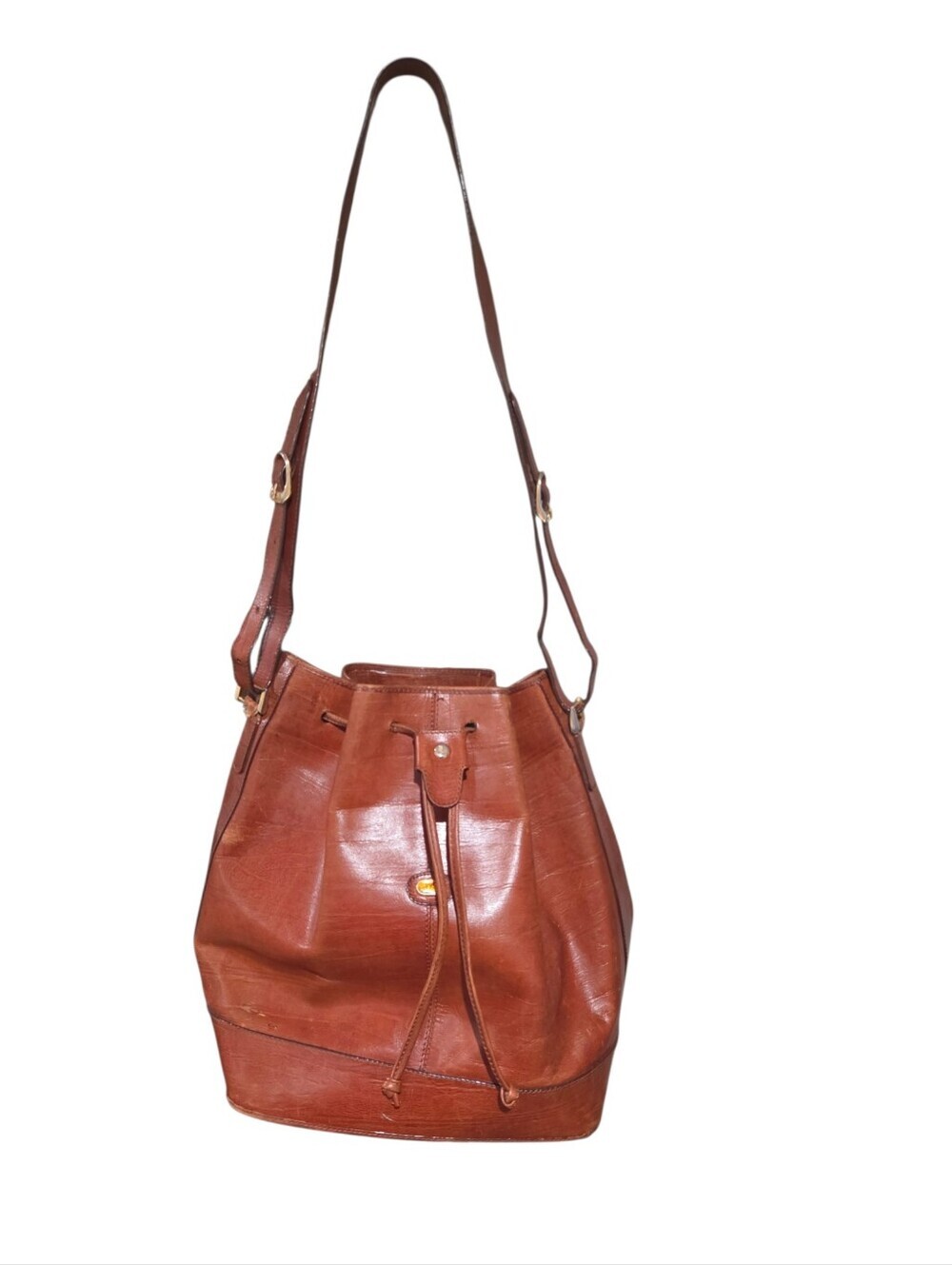 Vintage Bonia Brown Genuine Leather Drawstring Bucket Shoulder Bag - Picture 2 of 16